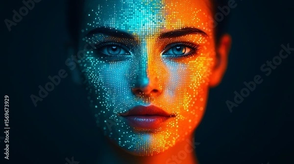 Fototapeta A close-up portrait of a woman"s face digitally illuminated with blue and orange light dots forming a futuristic, tech-inspired pattern.