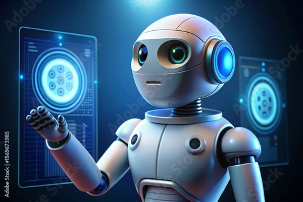 Fototapeta Friendly Robot Interacting with Futuristic Interface