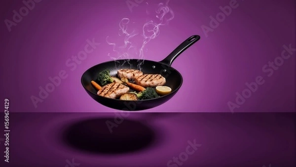 Fototapeta Floating frying pan with grilled chicken, vegetables and steam on vibrant purple background.