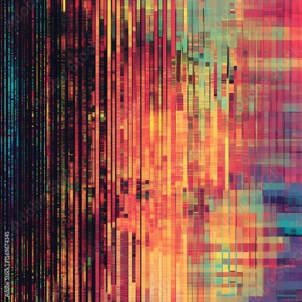 Fototapeta Abstract vertical lines and blocks in warm and cool colors creating a digital glitch effect