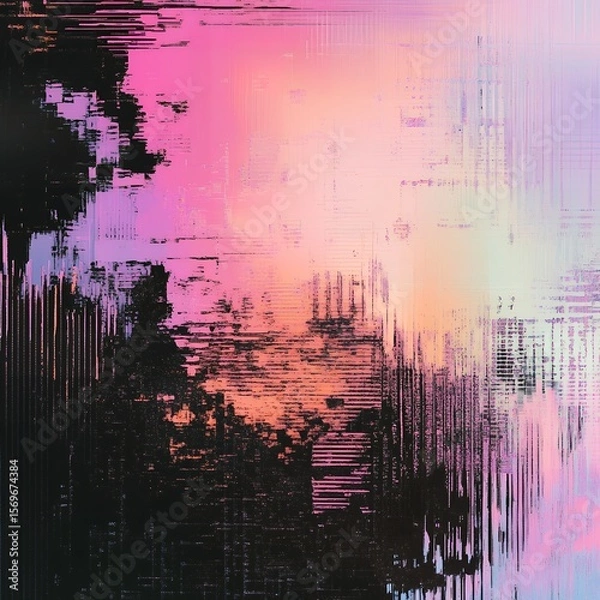 Fototapeta Abstract painting with pink and orange hues and dark textured areas creating a unique visual effect