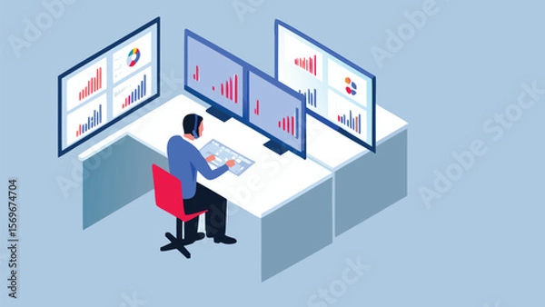 Fototapeta Person working at desk with multiple monitors displaying charts and graphs in an office setting