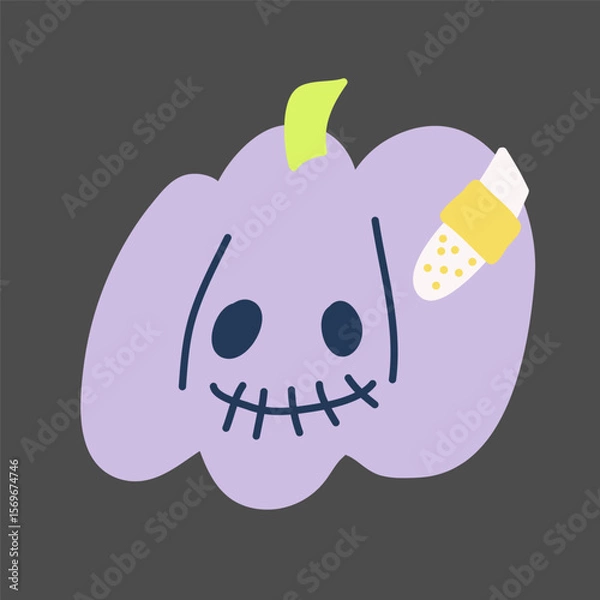 Fototapeta Vector Halloween cute monster illustration featuring a playful and spooky kawaii pumpkin looking like Frankenstein with stitches and a patch, whimsical design, perfect for kids and holiday decoration