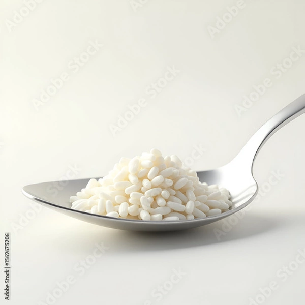 Fototapeta A warm, modern image of white rice on a sleek spoon, set against a soft-toned background—blending simplicity and comfort to evoke a sense of home, nourishment, and everyday elegance.
