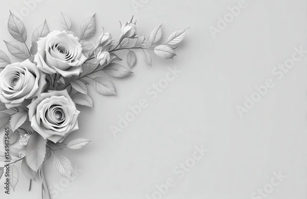 Obraz Elegant 3D rendered monochrome roses with leaves arranged in minimalist flat lay, top view composition on pure white background featuring deliberate right side white space.​