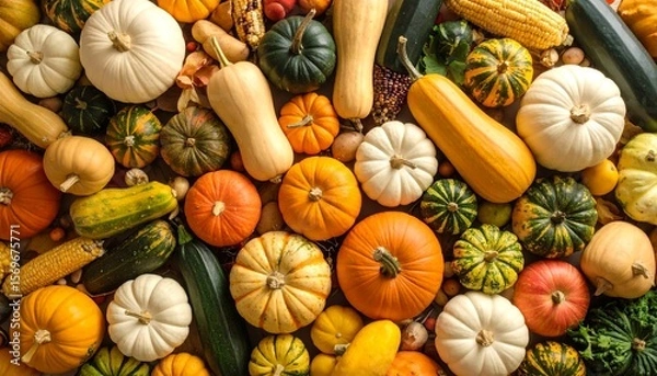 Obraz Festive Flat-Lay Seamless Pattern of Freshly Harvested Fall Vegetables and Gourds