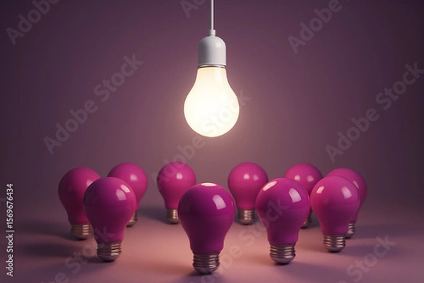 Fototapeta Spotlight concept with glowing white bulb above magenta group, 3D plastic design with modern gradient tones
