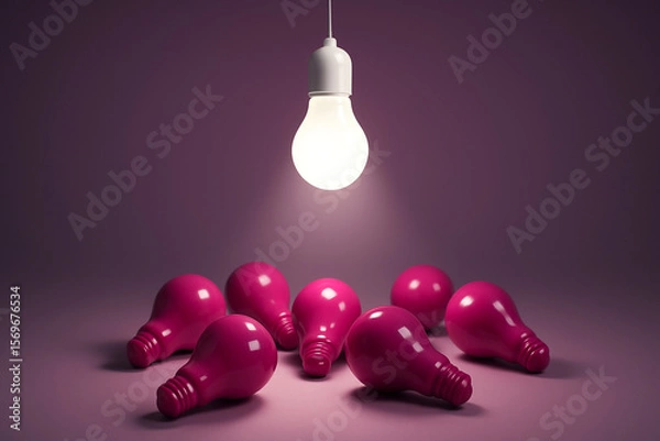 Fototapeta 3D white plastic lightbulb glowing above a group of magenta bulbs, soft shadows and gradient background for creative leadership