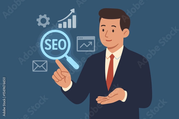 Fototapeta Businessman touching virtual SEO icon for search engine optimization. Digital marketing concept for website traffic, data analysis, and ranking growth. Technology business strategy.