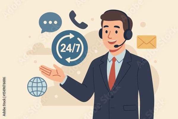 Fototapeta Businessman offering 24/7 customer service. Concept of call center, online assistance, and nonstop global support. Male operator with headset and communication icons.