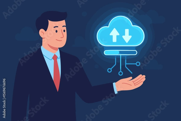 Fototapeta Businessman shows virtual cloud computing for data transfer. Digital information upload, download on network system. Cloud storage service and modern technology solutions concept.