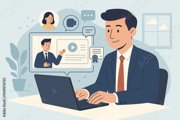 Fototapeta Businessman at laptop attending webinar for e-learning and professional development. Online education concept with man watching video lesson for certification or diploma vector.