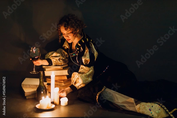 Fototapeta Young adult woman dressed in a medieval dress sitting near ancient books and candle light with bottle of red wine and holding a glass of wine in dark