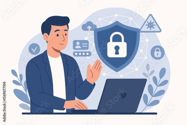 Obraz Businessman Demonstrates Cybersecurity Concept, Internet Data Protection, Virus Defense, Online Security, Personal Information Privacy, Secure Laptop, Digital Network Safety