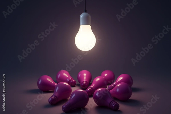 Fototapeta Glowing white glossy lightbulb spotlighting unlit magenta bulbs on gradient background, symbolizing uniqueness and inspiration