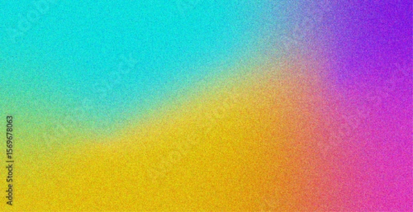 Obraz Abstract grainy gradient background blending vibrant yellow, cyan, magenta, orange, and green tones. This retro-inspired design features a subtle noise effect, perfect for creative digital projects.