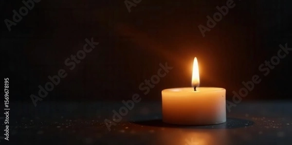 Fototapeta Reflected candle flame, white bloom, dark backdrop, art, photography, light