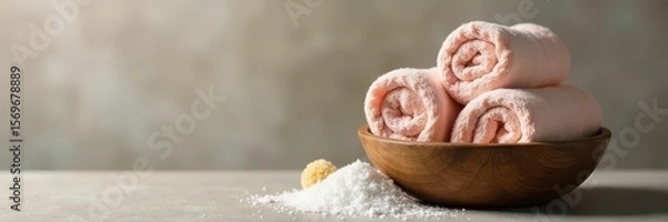 Fototapeta Soft, rolled towels in a rustic basket beside bath salts and a loofah , basket, body care, bath salts