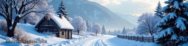 Fototapeta Soft snowfall dusts charming village, tranquil winter setting , season, beautiful