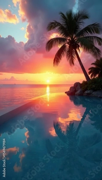 Fototapeta Stunning tropical sunset, palm tree reflections in crystal clear infinity pool , blue, image