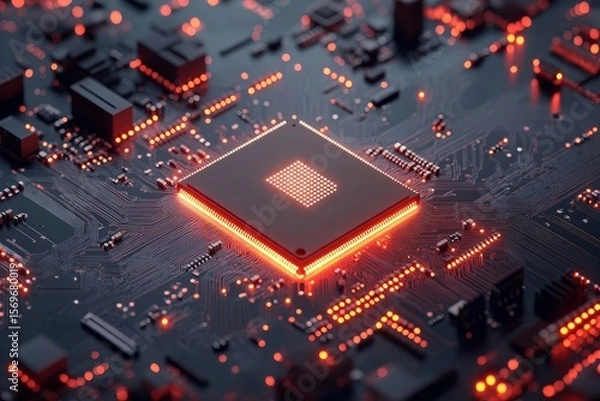 Fototapeta CPU chip on circuit board. Black motherboard with central processor chip. Computer hardware tecnology. 3d illustration