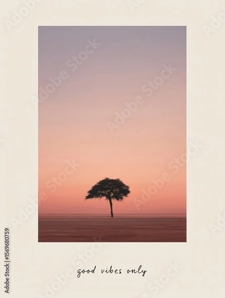 Fototapeta Lone tree silhouette against minimalist sunset landscape soft pastel sky nature tranquil setting serene view