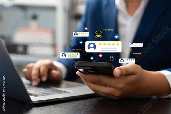 Fototapeta Online customer satisfaction Survey service concept, client rate service from experience in application,Consumer give five-Stars and feedback review for quality, Business reputation ranking from buyer