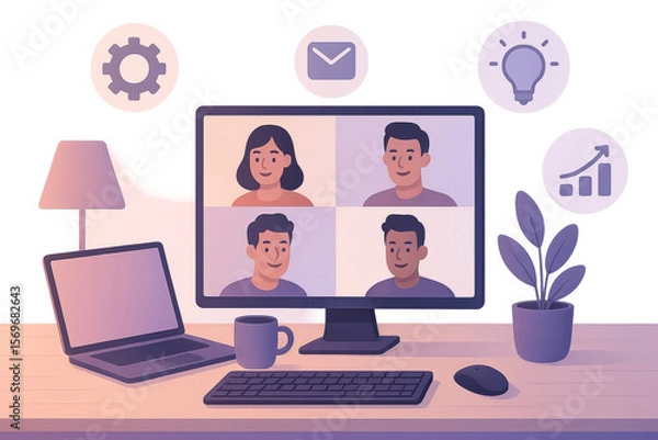 Fototapeta Digital workspace with video conference call featuring four diverse participants, surrounded by icons representing settings, communication, ideas, and growth, creating productive remote work