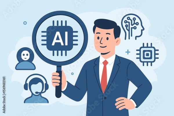 Fototapeta Businessman analyzing AI technology with magnifying glass. Artificial intelligence concept for chatbot, machine learning, smart agents, digital transformation and business automation.