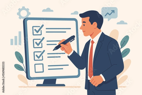 Fototapeta Business performance checklist. Businessman completing online survey, filling digital form. Man with pen taking an assessment, questionnaire, or evaluation. Task management.