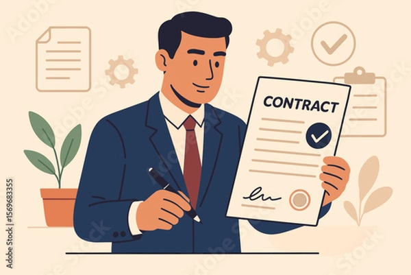 Fototapeta Businessman signs contract document. Manager with pen for commercial signing. Business cooperation, partnership agreement, and deal approval concept. Document management vector.