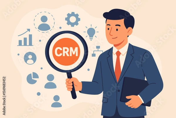Obraz CRM concept. Businessman holding a magnifying glass focusing on Customer Relationship Management. Business strategy for data analysis, marketing automation and client retention.