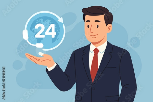 Obraz Customer service concept with businessman holding 24 hours support icon. Worldwide nonstop assistance. Global call center, help desk and client care business vector illustration.