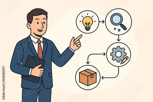 Fototapeta Businessman presenting the product development lifecycle. Research and development R&D process from idea, analysis, creation to final product. Business strategy workflow flowchart.