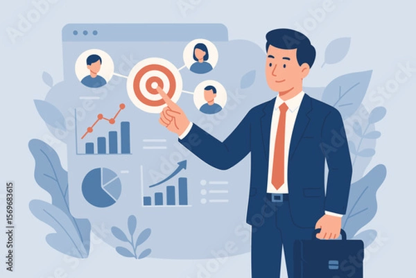 Fototapeta Businessman using digital interface to target customers. Marketing strategy, customer relationship management CRM, data analytics and business growth concept vector illustration.