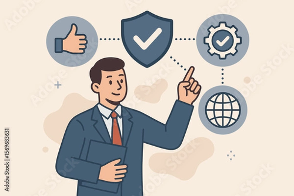 Fototapeta Businessman pointing at quality assurance icons, guarantee, ISO certification, standards, quality management, service excellence, global business compliance concept illustration