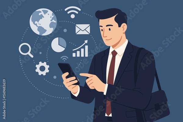 Fototapeta Businessman managing global business on smartphone. Digital marketing, financial data analysis, and banking app technology. Internet connection, communication network concept.