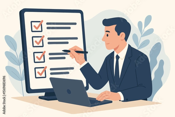 Fototapeta Businessman Completing Online Checklist, Assessment, Survey, Evaluation or Questionnaire on Computer, Filling Form, Choosing Correct Answers, Digital Exam Concept Illustration