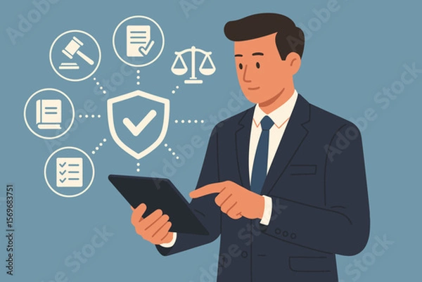 Fototapeta Business Compliance and Law Concept. Businessman Using Tablet with Legal Icons. Enforcing Laws, Regulations, Standards, Policy Adherence, Risk Management, Corporate Governance
