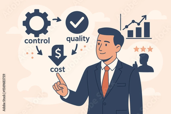 Fototapeta Businessman Touching Control Quality Cost Optimization Infographic for Products Services, Customer Satisfaction, Performance Improvement, Efficiency, Management, Success, Growth