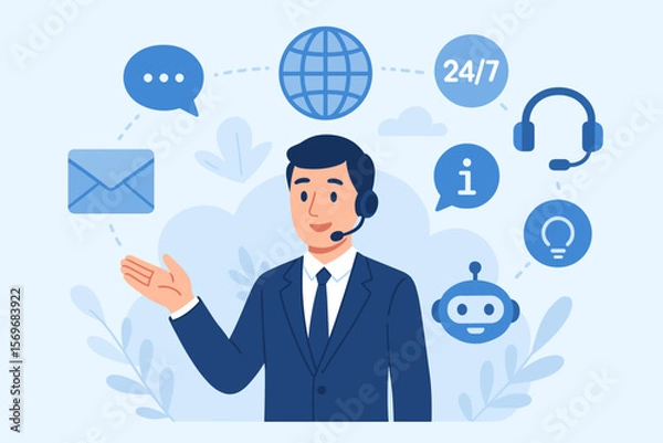Fototapeta Customer support representative offering digital helpdesk solutions, global communication, 24/7 online service, chatbot, email, headset, information icons, business assistance