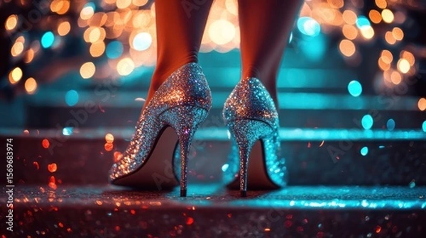 Obraz Sparkling Ascent: Heels on Steps Amidst Festive Lights and Glowing Embers