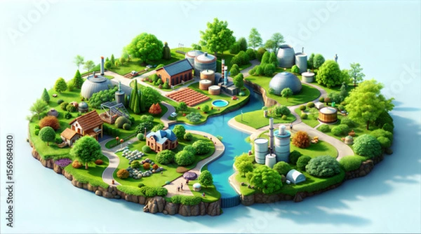 Fototapeta Colorful illustration of sustainable eco friendly community with green trees, water features, and renewable energy structures, emphasizing environmental harmony and waste transformation