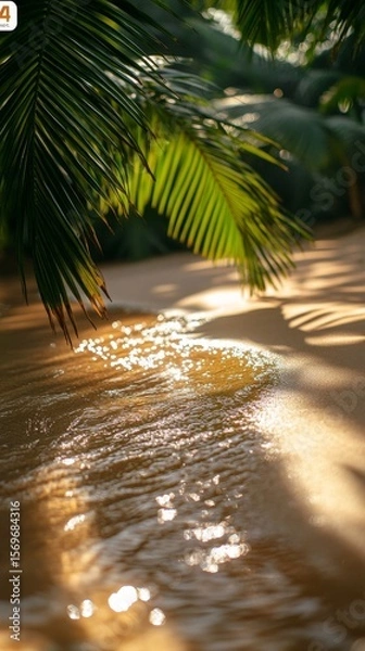 Fototapeta A serene summer beach with shadows of palm leaves cast on sandy beach. Gentle ripples in clear water reflect sunlight