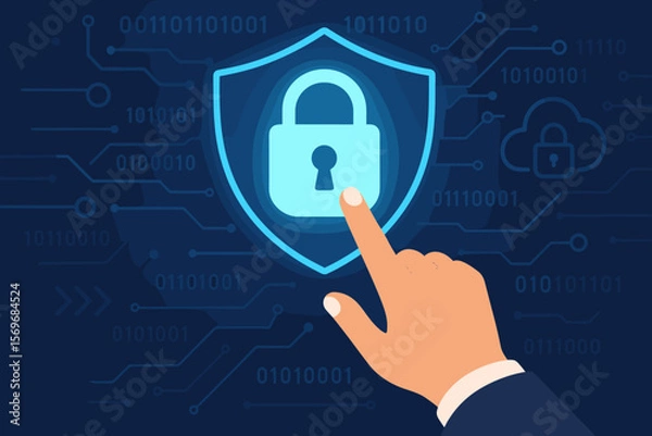 Fototapeta Cybersecurity protection concept with hand touching glowing padlock on shield, representing data security, encryption, secure digital access, privacy, online safety, network defense