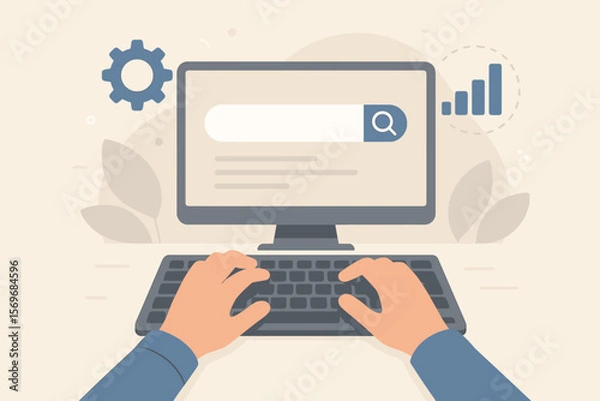 Fototapeta Search engine optimization concept. Man’s hands typing on keyboard, searching for information on computer, data analysis, internet research, modern flat vector illustration
