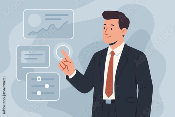 Fototapeta Businessman in suit interacting with digital touchscreen interface, data visualization, analytics dashboard, modern flat vector illustration, corporate technology concept