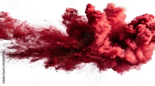 Fototapeta A festive explosion of red powder in mid-air against a clean white background.