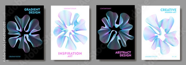 Obraz Abstract poster background vector set with colorful wavy lines. Modern vector background cover templates with 3D effects in motion. Artistic design for cover, flyer, banner, social media, music, ads.
