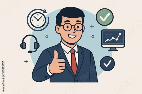 Fototapeta 24-7 technical support vector concept. Businessman gives thumbs up for quality IT assistance and customer service. Approved helpdesk with checkmark and monitoring icons.
